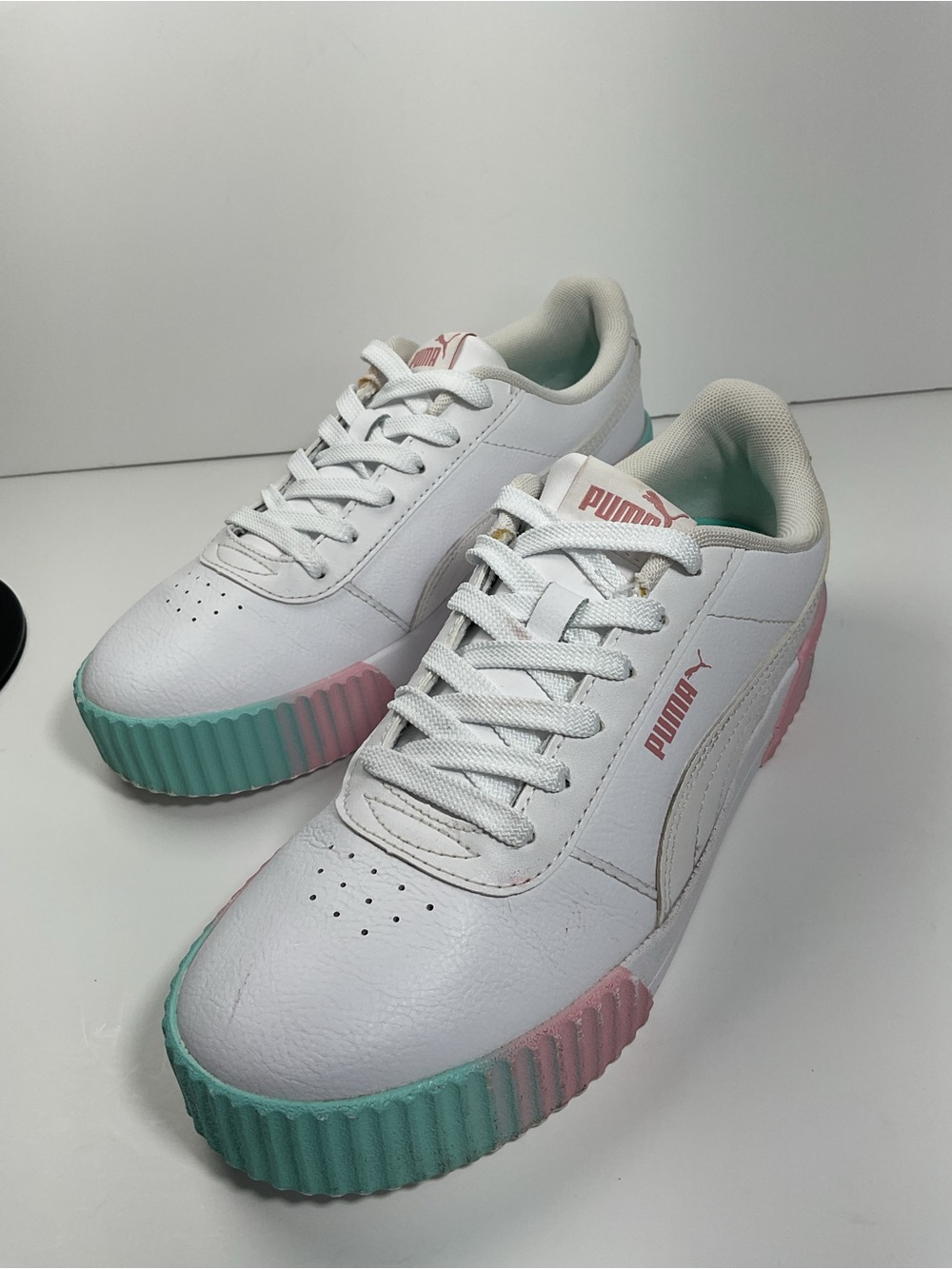 Puma Carina 2.0 White Pink Mint Leather Sneakers Women’s Size 8 Casual Shoes